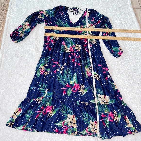 Suzanne Betro Navy Blue Floral Midi Dress Sz L - Picture 6 of 10